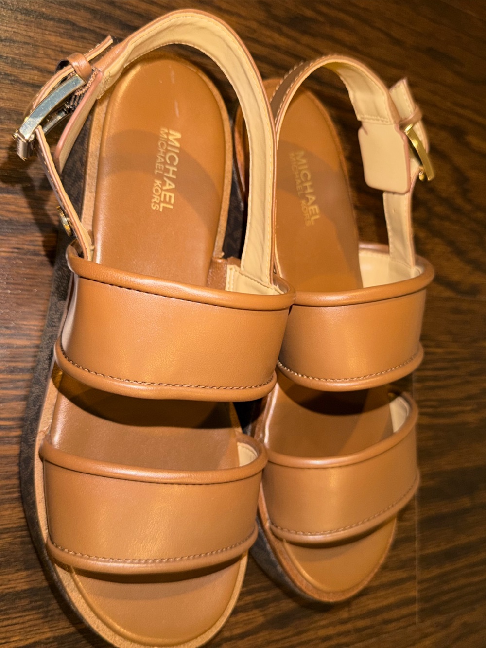 Michael Kors Brown Leather Platform Sandals with MK-Print Sole - Picture 3 of 8